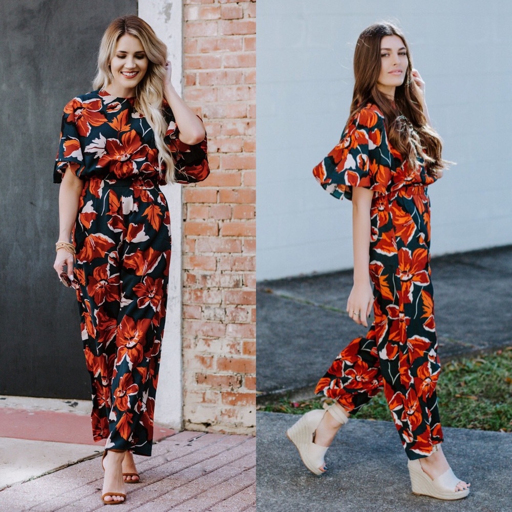 flutter sleeve jumpsuit • floral fall colors NWT L